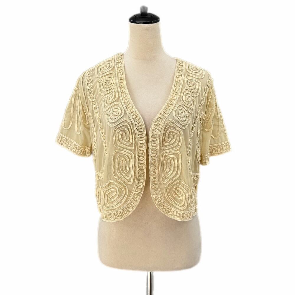 Soft Surroundings Applique Embroidery Mesh Layering Cream Boho Bolero Shrug